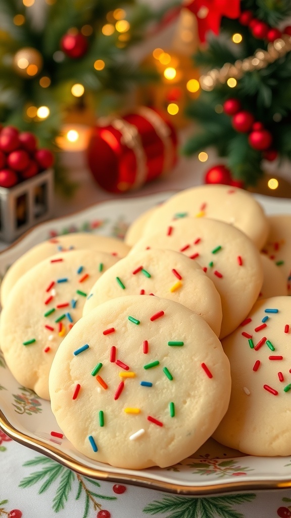 A plate of decorated vanilla cookies with sprinkles, surrounded by holiday decorations.